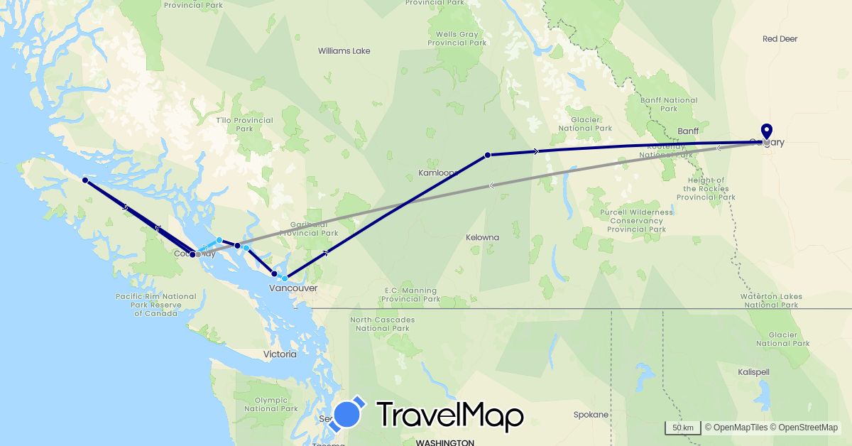 TravelMap itinerary: driving, plane, boat in Canada (North America)